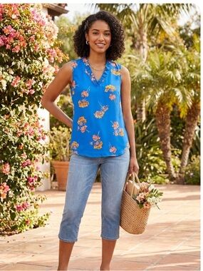 Ann Taylor Blue Floral V-Neck Sleeveless Blouse